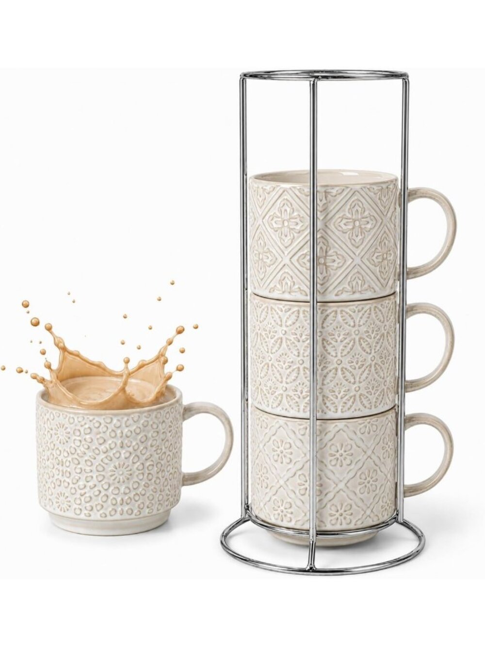 Set of 4 Stackable Espresso Cups with Stand - Embossed Coffee Mugs for Latte